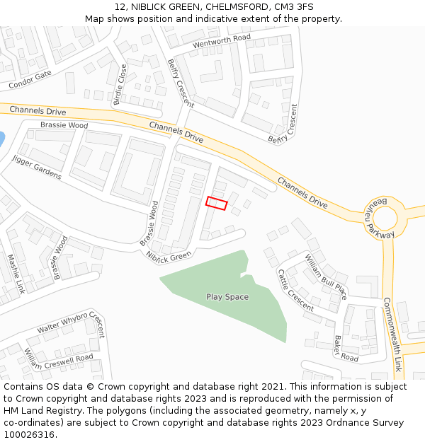 12, NIBLICK GREEN, CHELMSFORD, CM3 3FS: Location map and indicative extent of plot