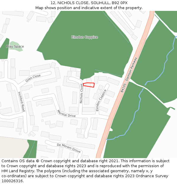 12, NICHOLS CLOSE, SOLIHULL, B92 0PX: Location map and indicative extent of plot