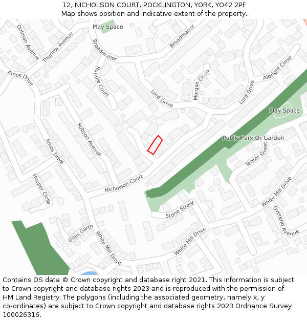 12, NICHOLSON COURT, POCKLINGTON, YORK, YO42 2PF: Location map and indicative extent of plot