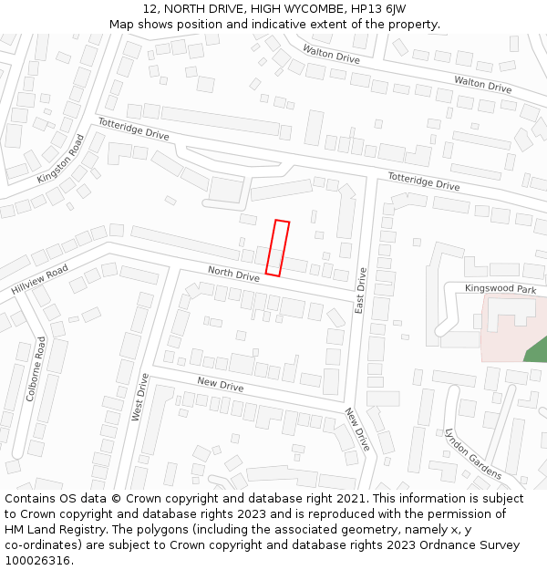 12, NORTH DRIVE, HIGH WYCOMBE, HP13 6JW: Location map and indicative extent of plot