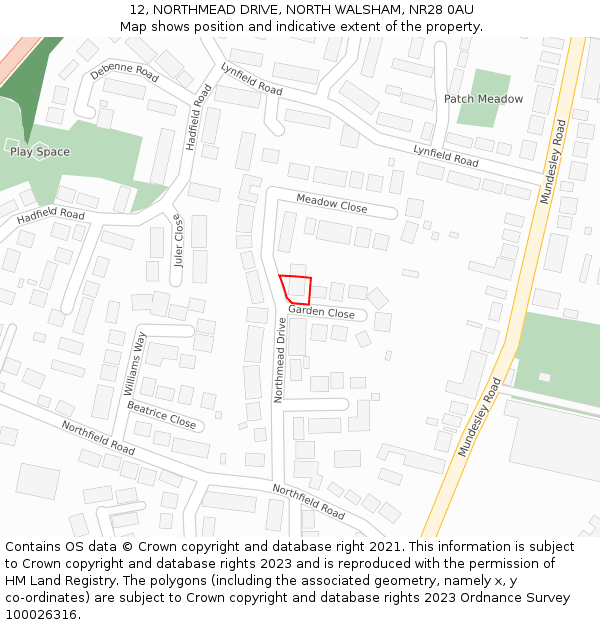 12, NORTHMEAD DRIVE, NORTH WALSHAM, NR28 0AU: Location map and indicative extent of plot