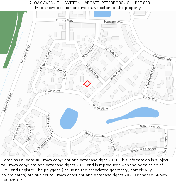12, OAK AVENUE, HAMPTON HARGATE, PETERBOROUGH, PE7 8FR: Location map and indicative extent of plot