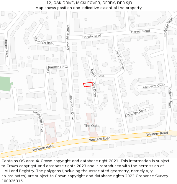 12, OAK DRIVE, MICKLEOVER, DERBY, DE3 9JB: Location map and indicative extent of plot