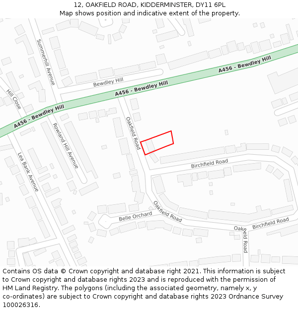 12, OAKFIELD ROAD, KIDDERMINSTER, DY11 6PL: Location map and indicative extent of plot
