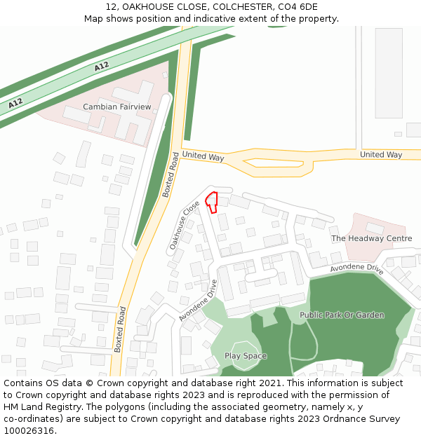 12, OAKHOUSE CLOSE, COLCHESTER, CO4 6DE: Location map and indicative extent of plot