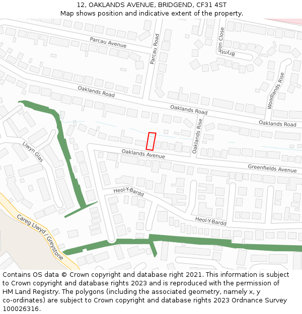 12, OAKLANDS AVENUE, BRIDGEND, CF31 4ST: Location map and indicative extent of plot