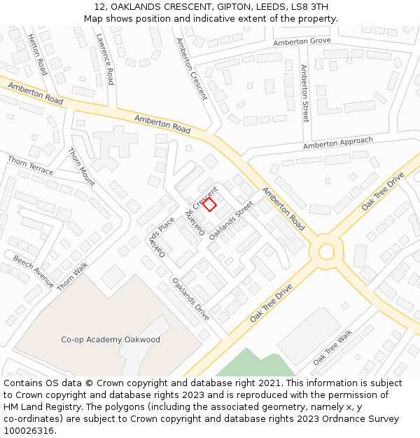 12, OAKLANDS CRESCENT, GIPTON, LEEDS, LS8 3TH: Location map and indicative extent of plot