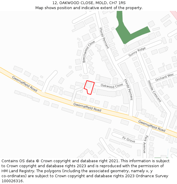 12, OAKWOOD CLOSE, MOLD, CH7 1RS: Location map and indicative extent of plot