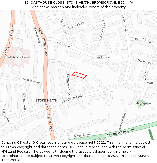 12, OASTHOUSE CLOSE, STOKE HEATH, BROMSGROVE, B60 4NW: Location map and indicative extent of plot