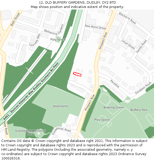 12, OLD BUFFERY GARDENS, DUDLEY, DY2 8TD: Location map and indicative extent of plot