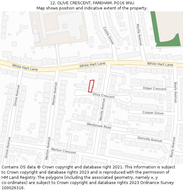 12, OLIVE CRESCENT, FAREHAM, PO16 9NU: Location map and indicative extent of plot