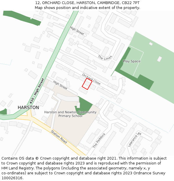 12, ORCHARD CLOSE, HARSTON, CAMBRIDGE, CB22 7PT: Location map and indicative extent of plot
