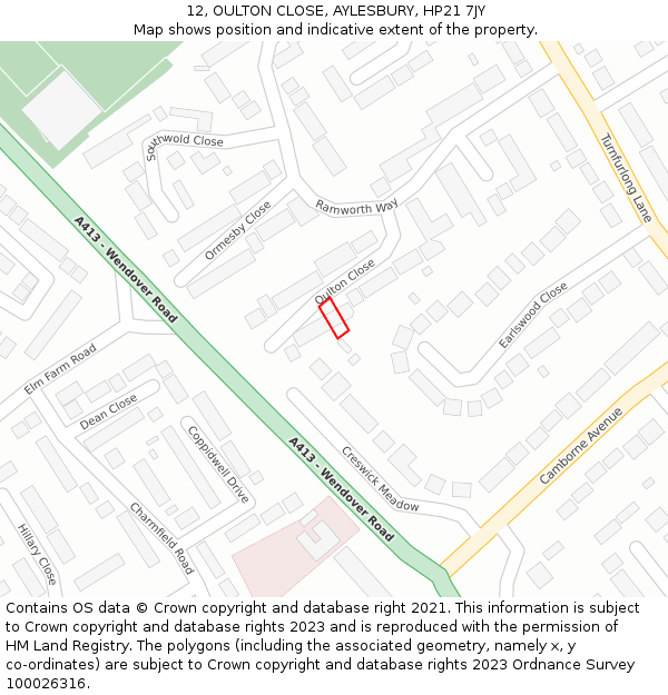 12, OULTON CLOSE, AYLESBURY, HP21 7JY: Location map and indicative extent of plot