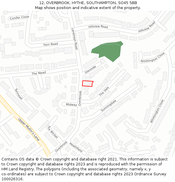 12, OVERBROOK, HYTHE, SOUTHAMPTON, SO45 5BB: Location map and indicative extent of plot