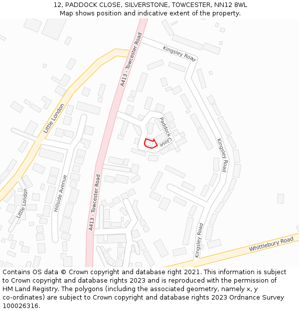 12, PADDOCK CLOSE, SILVERSTONE, TOWCESTER, NN12 8WL: Location map and indicative extent of plot