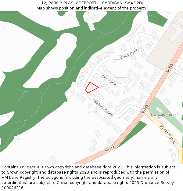 12, PARC Y PLAS, ABERPORTH, CARDIGAN, SA43 2BJ: Location map and indicative extent of plot