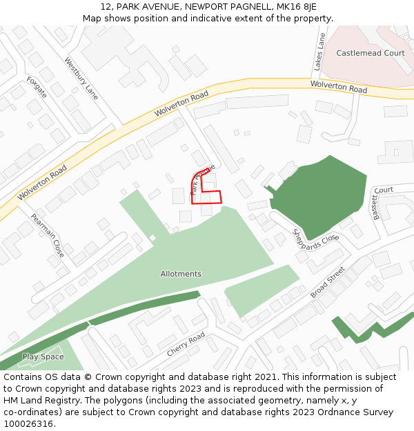 12, PARK AVENUE, NEWPORT PAGNELL, MK16 8JE: Location map and indicative extent of plot