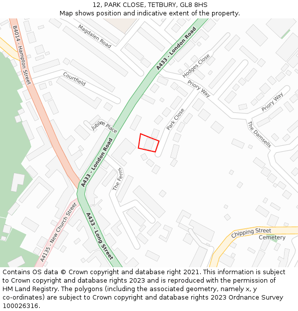 12, PARK CLOSE, TETBURY, GL8 8HS: Location map and indicative extent of plot