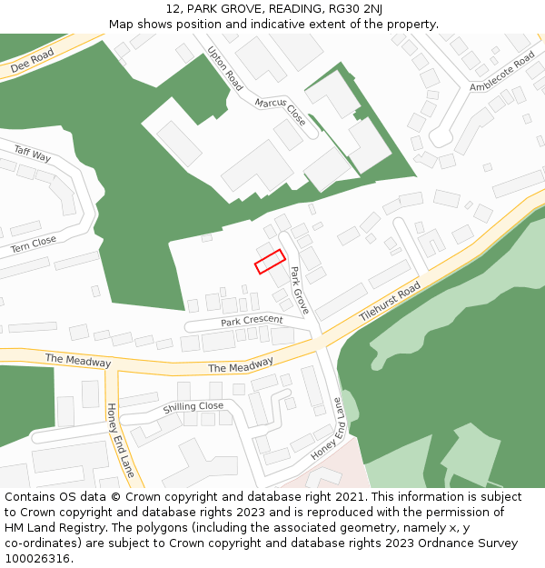 12, PARK GROVE, READING, RG30 2NJ: Location map and indicative extent of plot