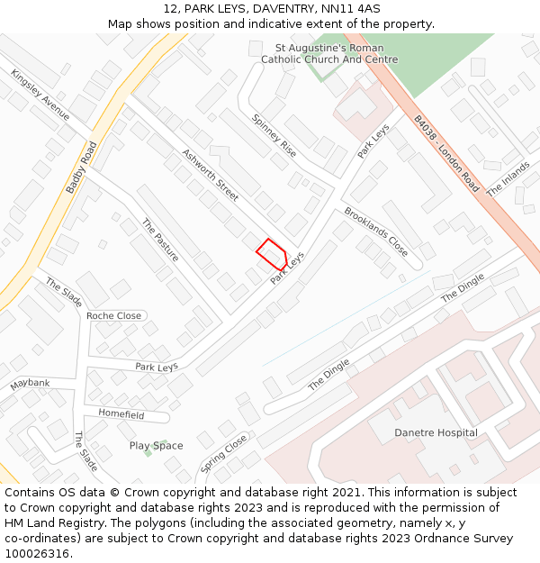 12, PARK LEYS, DAVENTRY, NN11 4AS: Location map and indicative extent of plot