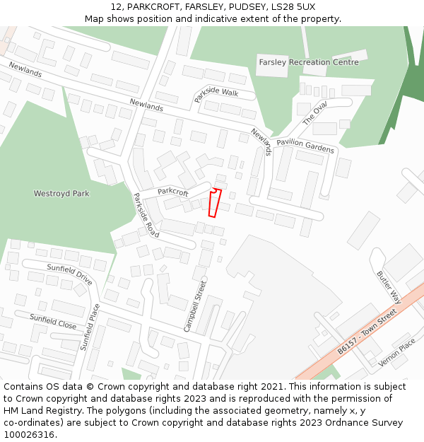 12, PARKCROFT, FARSLEY, PUDSEY, LS28 5UX: Location map and indicative extent of plot