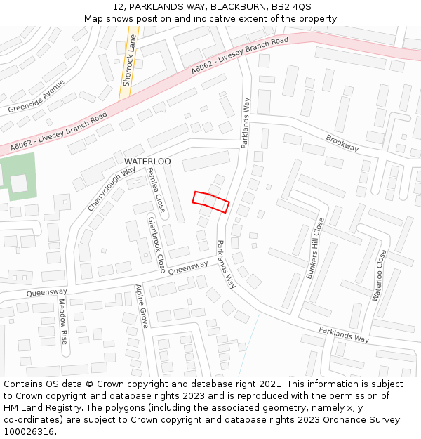 12, PARKLANDS WAY, BLACKBURN, BB2 4QS: Location map and indicative extent of plot