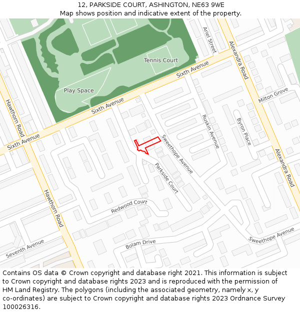 12, PARKSIDE COURT, ASHINGTON, NE63 9WE: Location map and indicative extent of plot