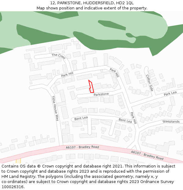 12, PARKSTONE, HUDDERSFIELD, HD2 1QL: Location map and indicative extent of plot