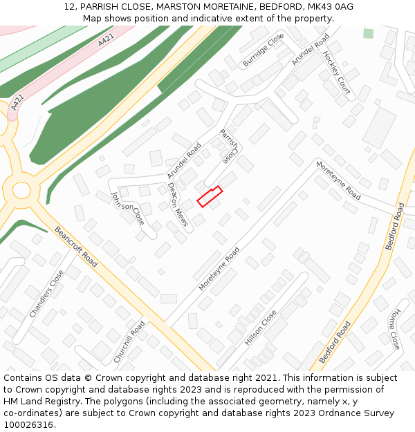 12, PARRISH CLOSE, MARSTON MORETAINE, BEDFORD, MK43 0AG: Location map and indicative extent of plot