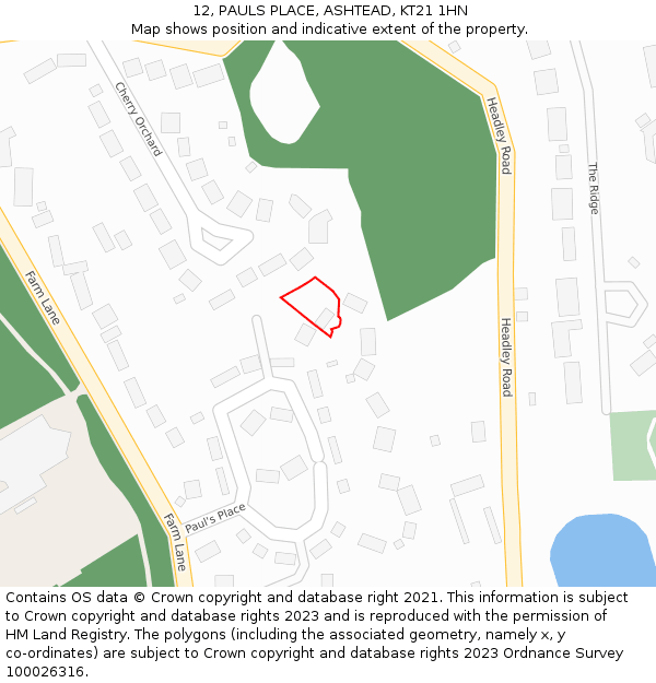 12, PAULS PLACE, ASHTEAD, KT21 1HN: Location map and indicative extent of plot