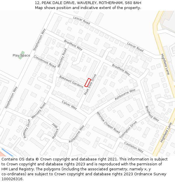 12, PEAK DALE DRIVE, WAVERLEY, ROTHERHAM, S60 8AH: Location map and indicative extent of plot