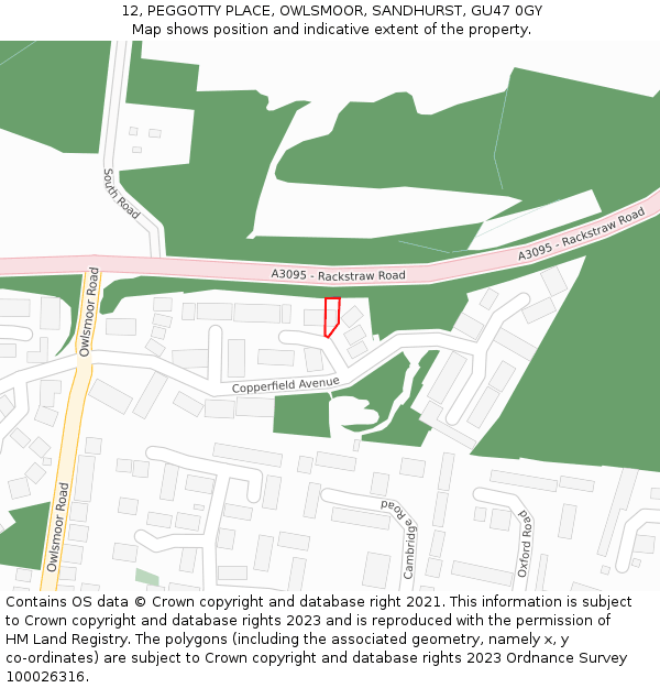 12, PEGGOTTY PLACE, OWLSMOOR, SANDHURST, GU47 0GY: Location map and indicative extent of plot