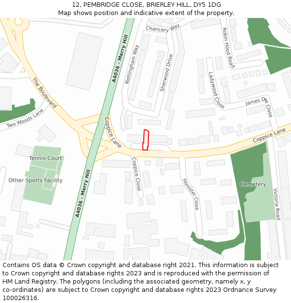 12, PEMBRIDGE CLOSE, BRIERLEY HILL, DY5 1DG: Location map and indicative extent of plot