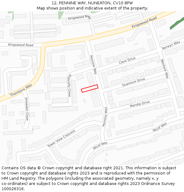 12, PENNINE WAY, NUNEATON, CV10 8PW: Location map and indicative extent of plot
