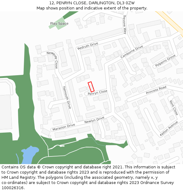 12, PENRYN CLOSE, DARLINGTON, DL3 0ZW: Location map and indicative extent of plot