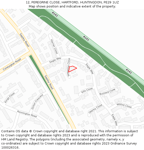 12, PEREGRINE CLOSE, HARTFORD, HUNTINGDON, PE29 1UZ: Location map and indicative extent of plot