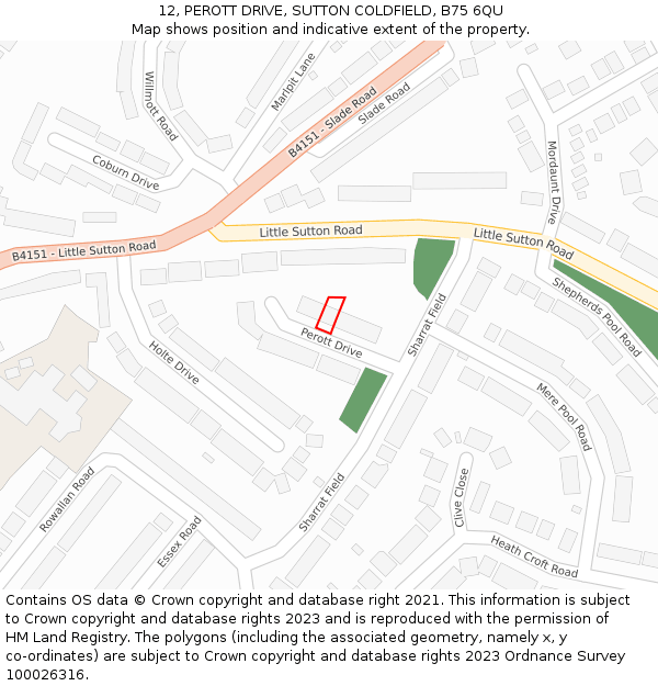 12, PEROTT DRIVE, SUTTON COLDFIELD, B75 6QU: Location map and indicative extent of plot