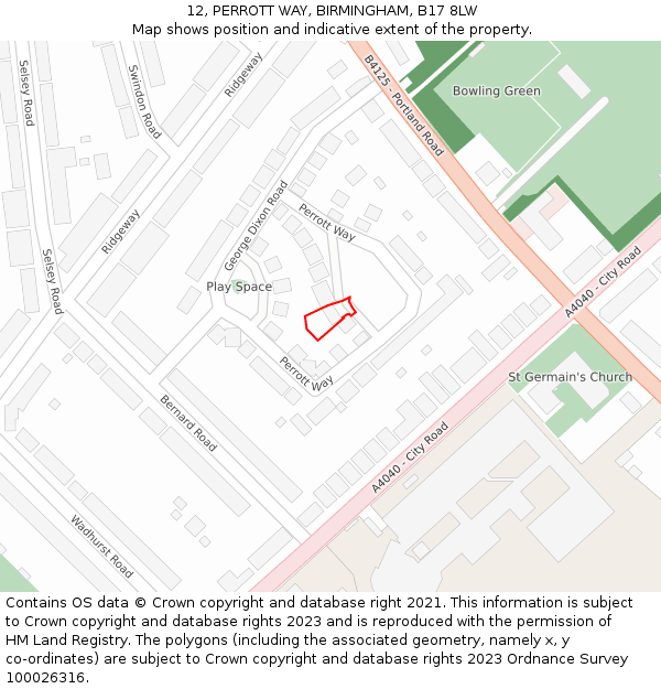 12, PERROTT WAY, BIRMINGHAM, B17 8LW: Location map and indicative extent of plot