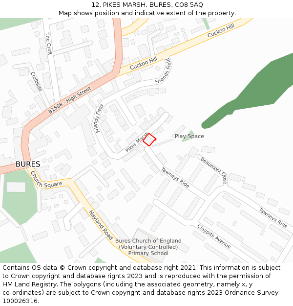 12, PIKES MARSH, BURES, CO8 5AQ: Location map and indicative extent of plot
