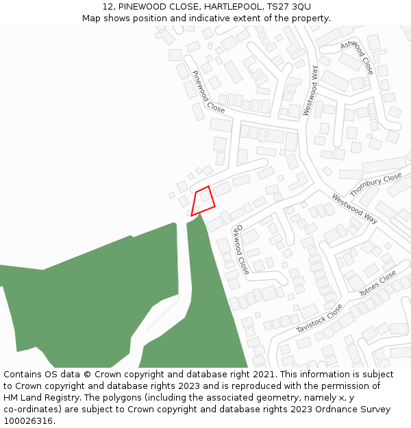 12, PINEWOOD CLOSE, HARTLEPOOL, TS27 3QU: Location map and indicative extent of plot