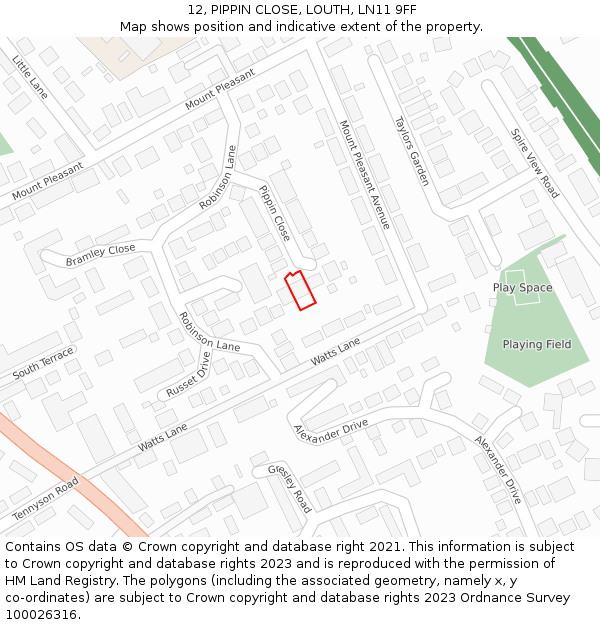 12, PIPPIN CLOSE, LOUTH, LN11 9FF: Location map and indicative extent of plot