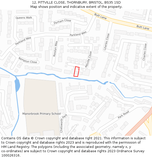 12, PITTVILLE CLOSE, THORNBURY, BRISTOL, BS35 1SD: Location map and indicative extent of plot