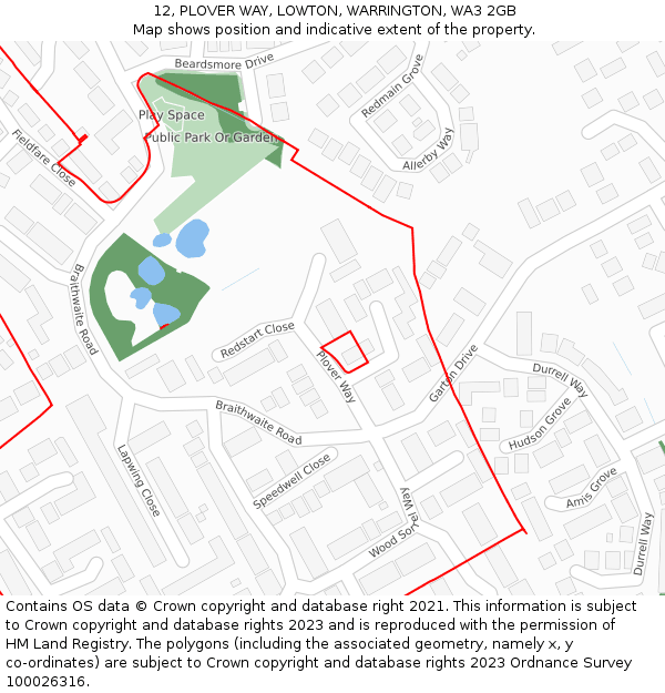 12, PLOVER WAY, LOWTON, WARRINGTON, WA3 2GB: Location map and indicative extent of plot