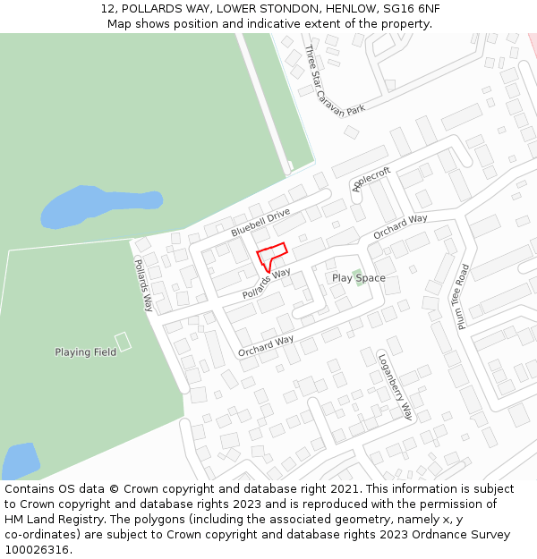 12, POLLARDS WAY, LOWER STONDON, HENLOW, SG16 6NF: Location map and indicative extent of plot