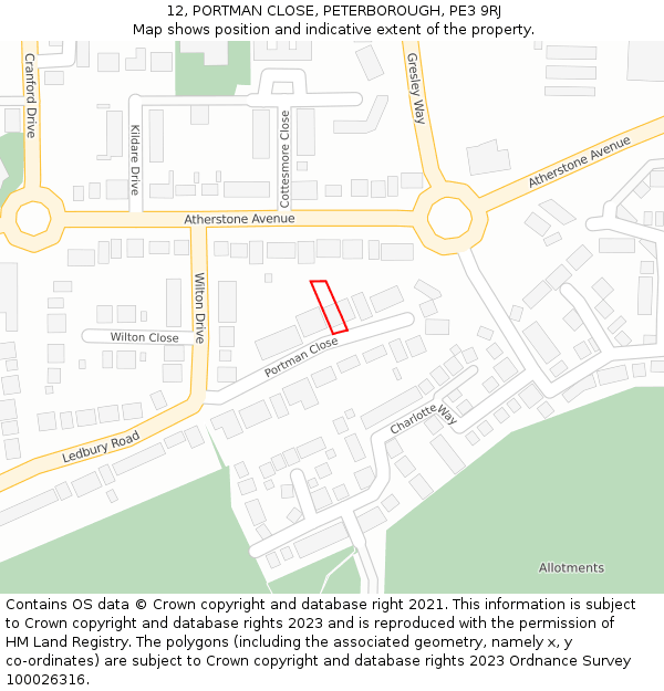 12, PORTMAN CLOSE, PETERBOROUGH, PE3 9RJ: Location map and indicative extent of plot