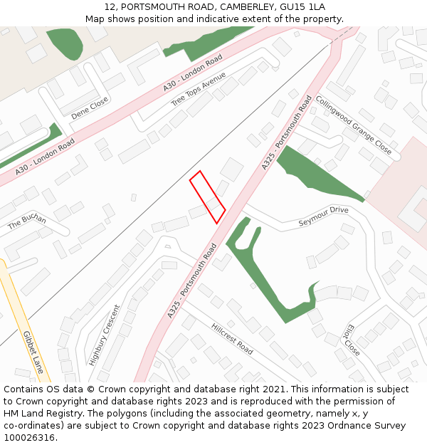 12, PORTSMOUTH ROAD, CAMBERLEY, GU15 1LA: Location map and indicative extent of plot