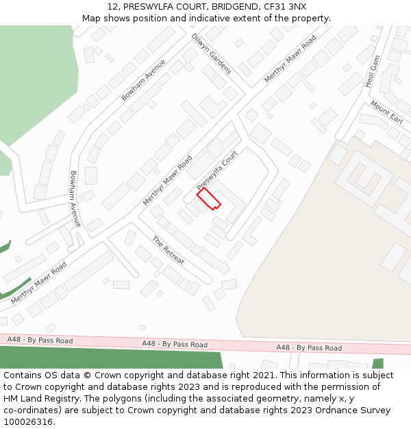 12, PRESWYLFA COURT, BRIDGEND, CF31 3NX: Location map and indicative extent of plot