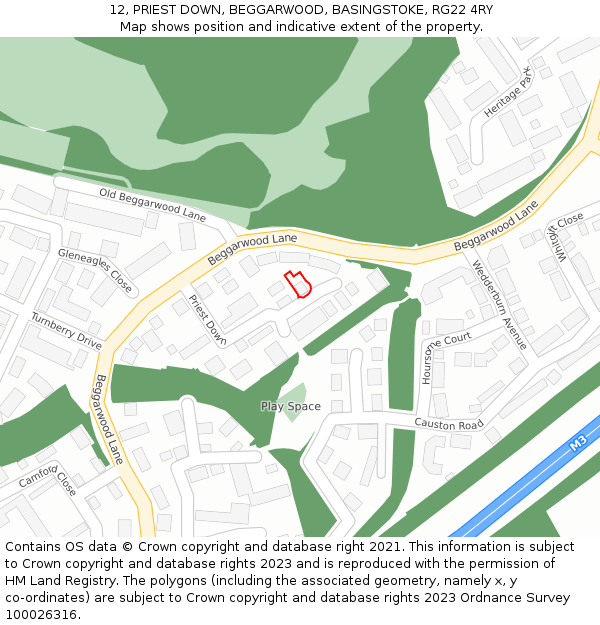 12, PRIEST DOWN, BEGGARWOOD, BASINGSTOKE, RG22 4RY: Location map and indicative extent of plot