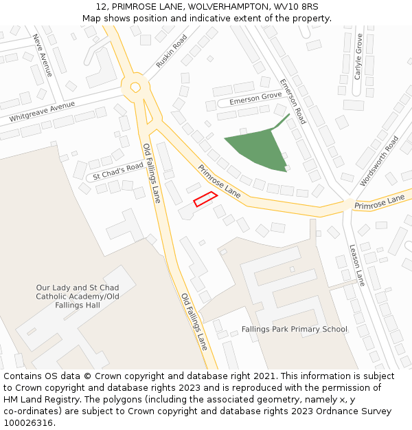 12, PRIMROSE LANE, WOLVERHAMPTON, WV10 8RS: Location map and indicative extent of plot
