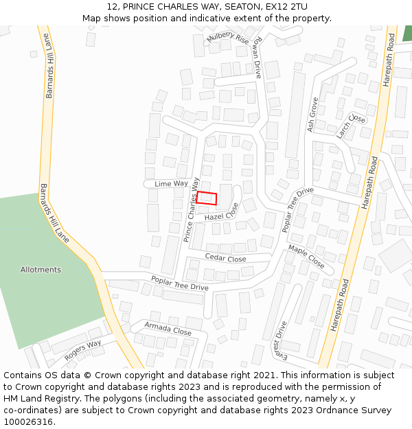 12, PRINCE CHARLES WAY, SEATON, EX12 2TU: Location map and indicative extent of plot